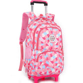 Huitich pink geometric patterned wheeled school bags for kids with telescoping handle and padded straps